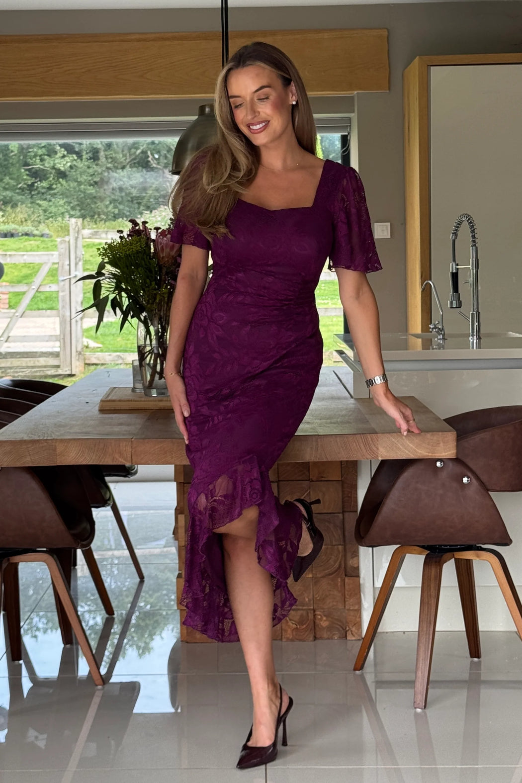 Heidi Lace Ruched Midi Dress Plum