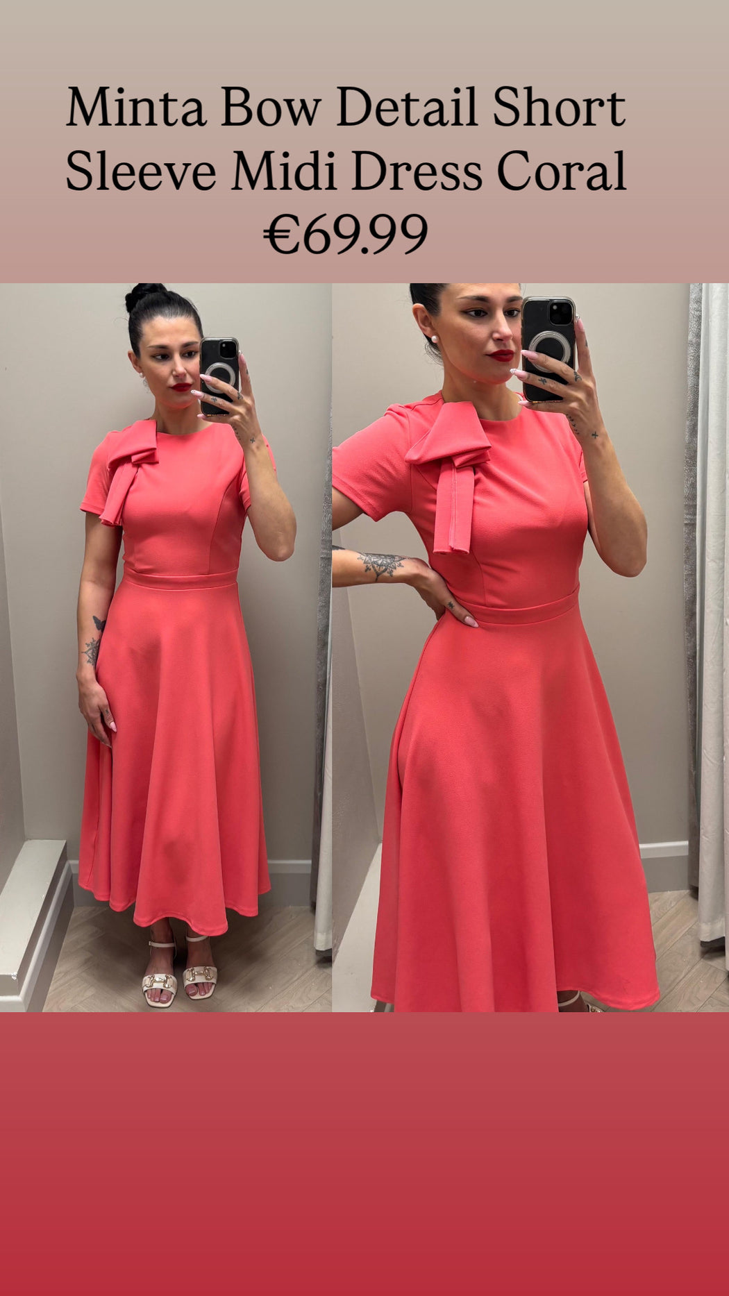 Minta Bow Detail Short Sleeve Midi Dress Coral