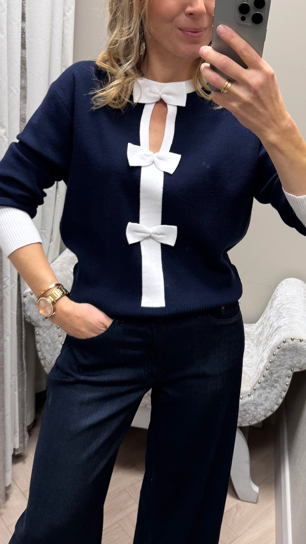 Navy aspen bow knit