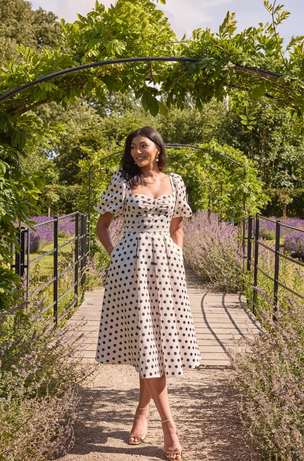 Audrey Puff Sleeve Champage polka dot dress