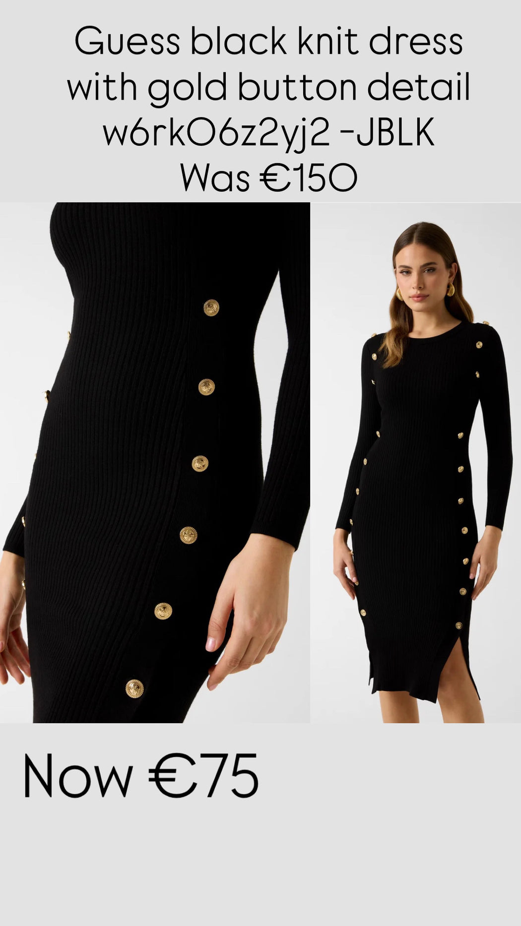 Guess black knit dress with gold button detail w6rk06z2yj2 -JBLK