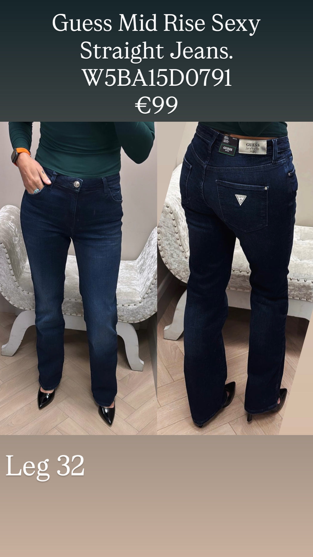 Guess Mid Rise Sexy Straight Jeans. W5BA15D0791