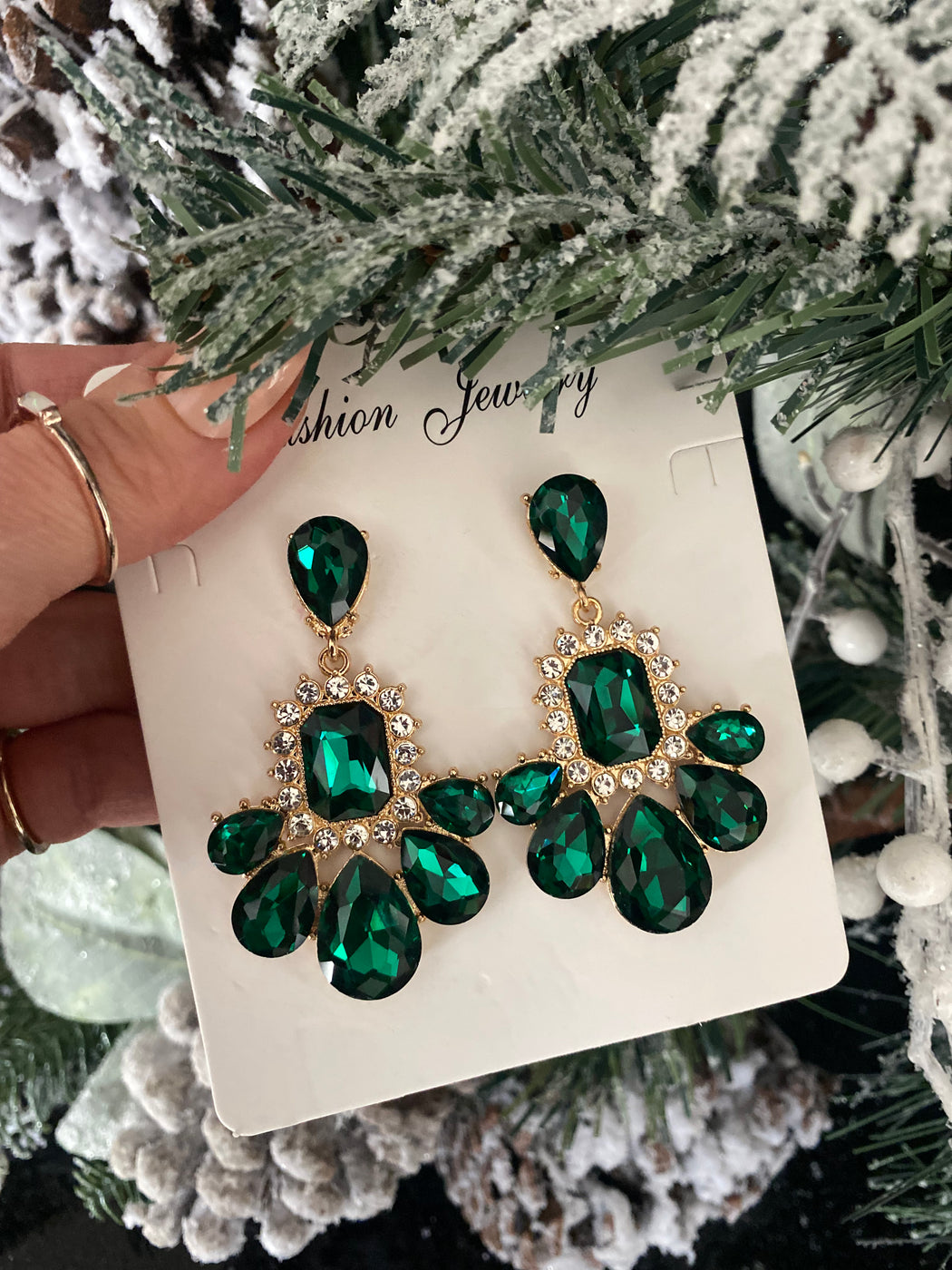 Emerald diamanté drop earrings