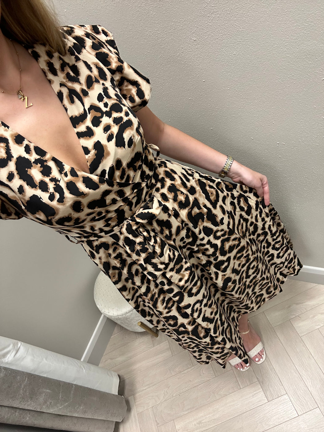 DA1998 Multi Leopard Print Short Sleeve Belted Wrap Midi Dress