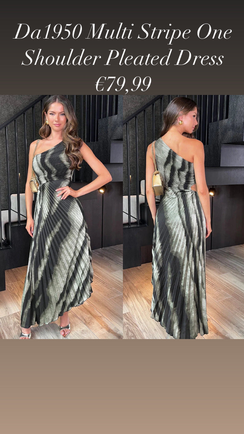 Da1950 Multi Stripe Print One Shoulder Pleated Midi Dress