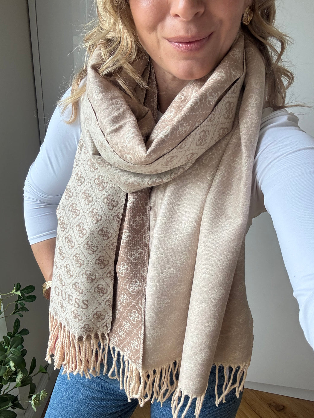 Guess reversible beige logo scarf aw5663vis03
