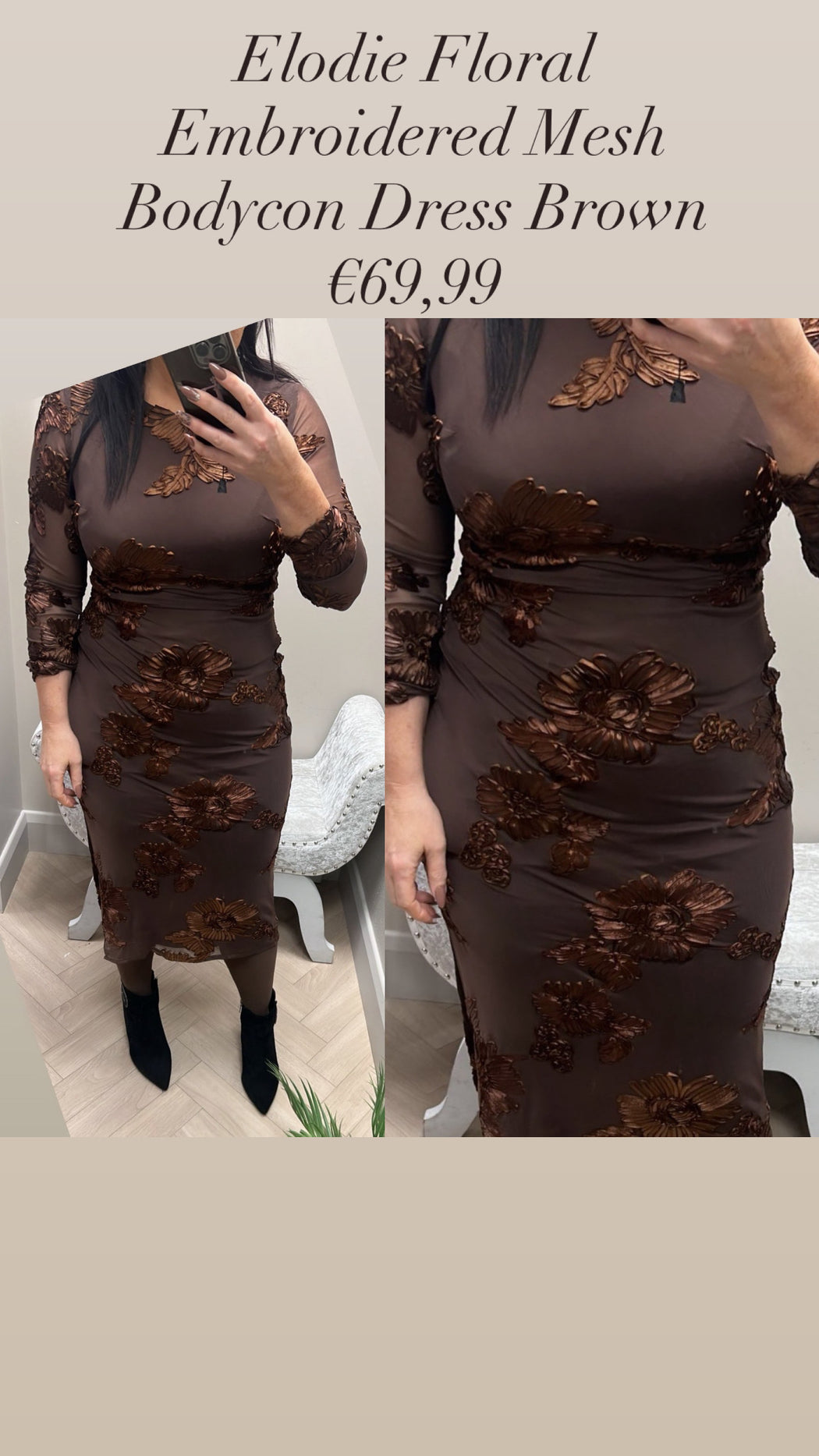 Elodie Floral Embroidered Mesh Bodycon Dress Brown