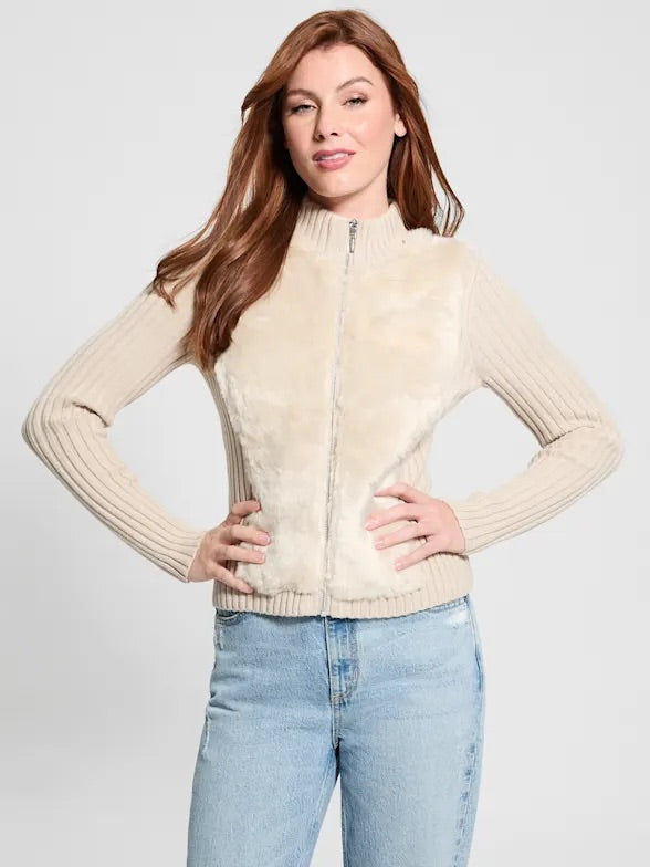 W4BR74Z2ZK2 Guess mila cream faux fur zipped cardigan