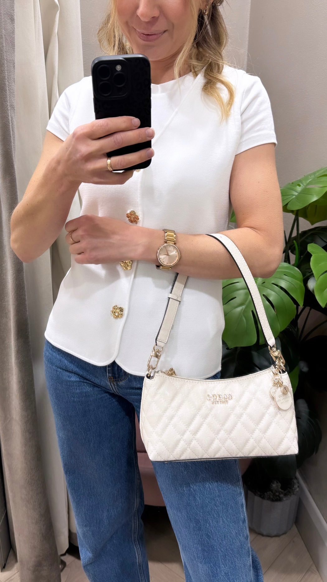 Guess off White Logo Isemay Shoulder Bag