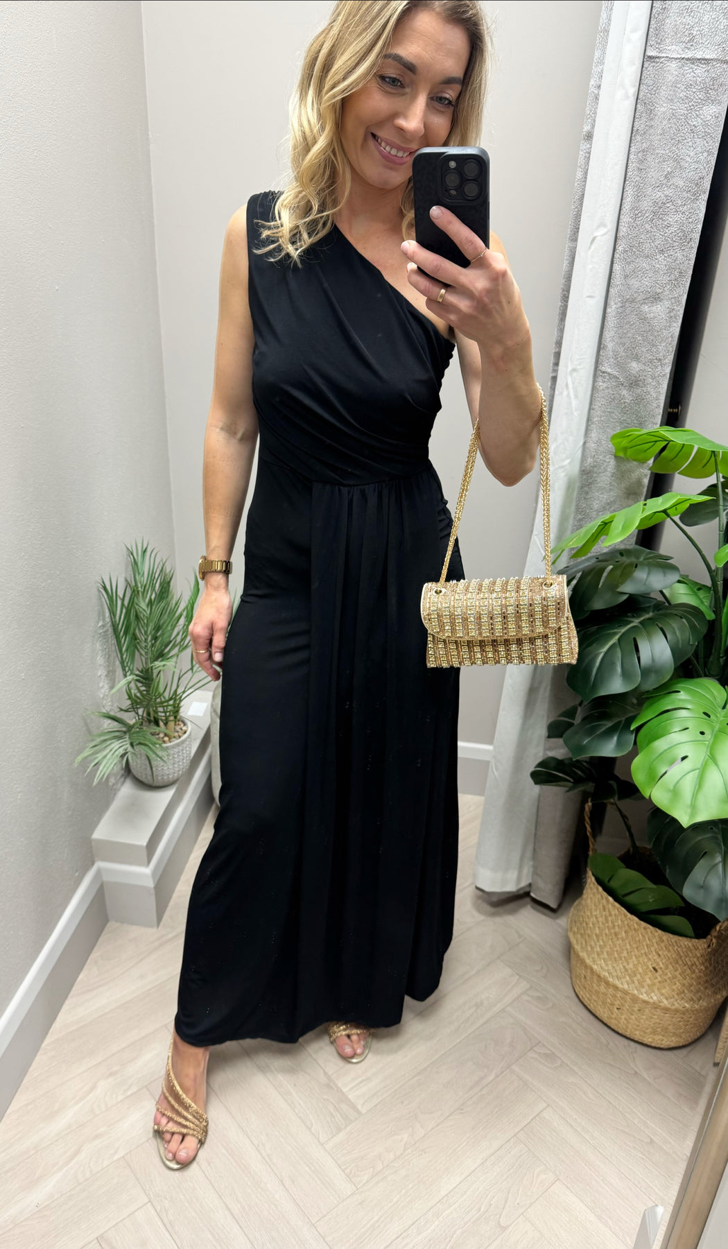 Emma black one shoulder midi dress