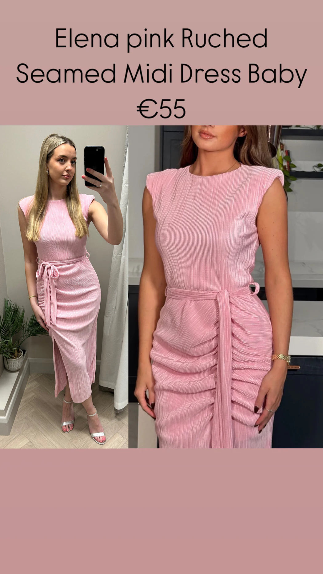Elena pink Ruched Seamed Midi Dress Baby