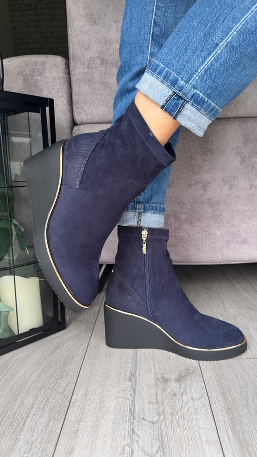 Poole sapphire navy wedge boots