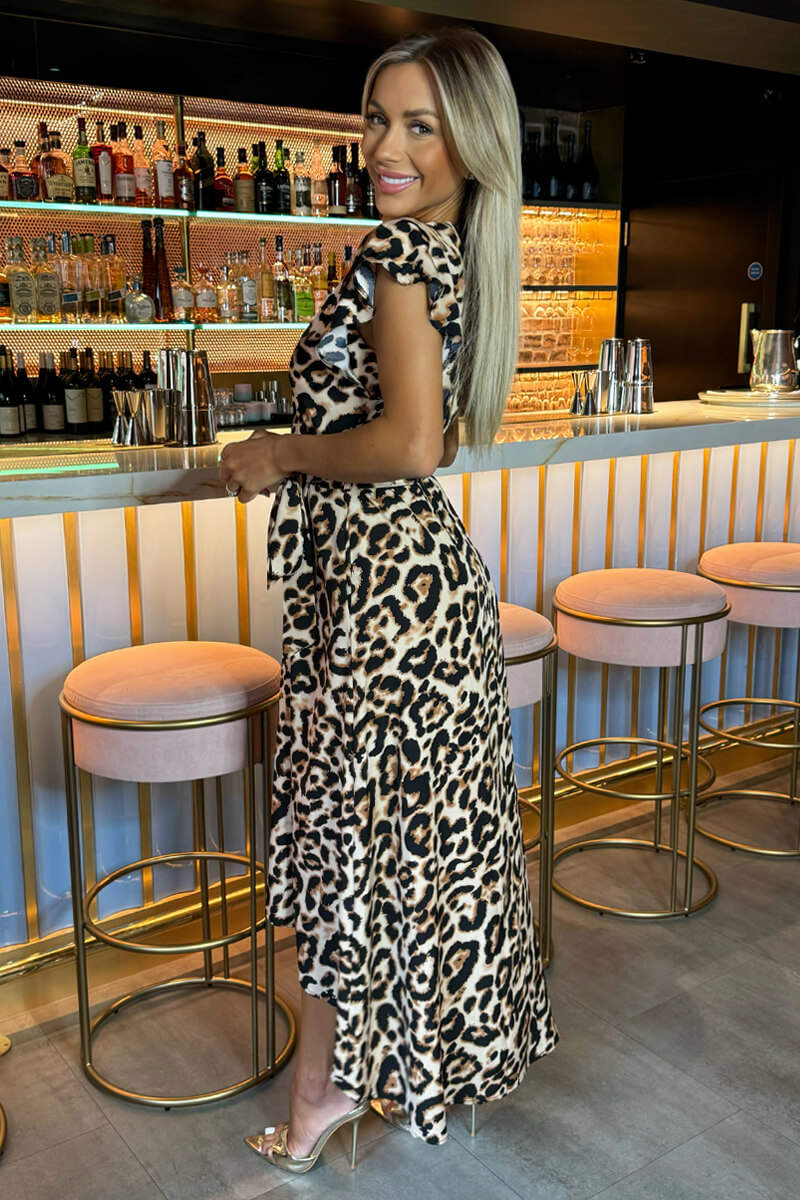 DA1998 Multi Leopard Print Short Sleeve Belted Wrap Midi Dress