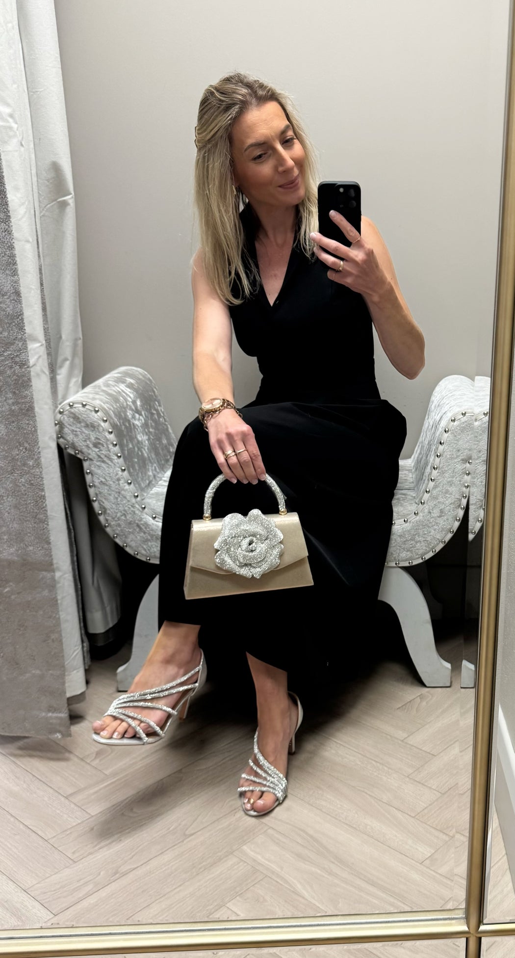 Rhinestone rose flower gold bag