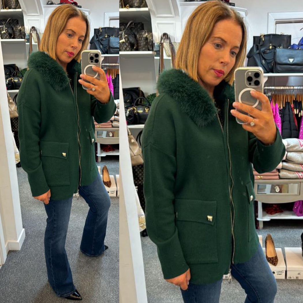 Green   hooded zip fur hood coatigan