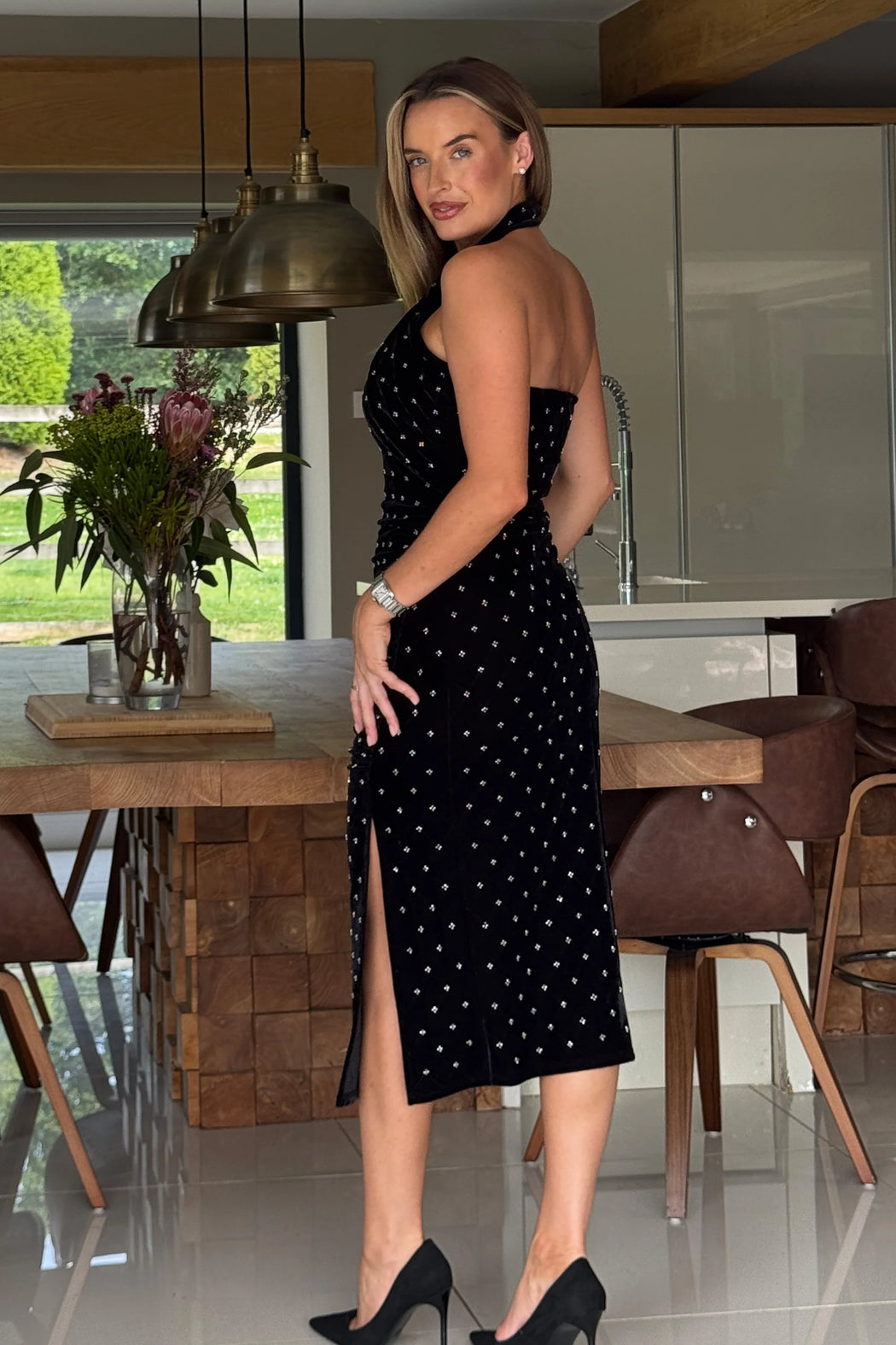 Bessie Halter Neck Side Split Midi Dress Beaded Velvet