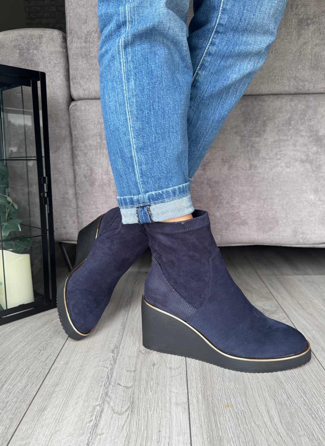 Poole sapphire navy wedge boots