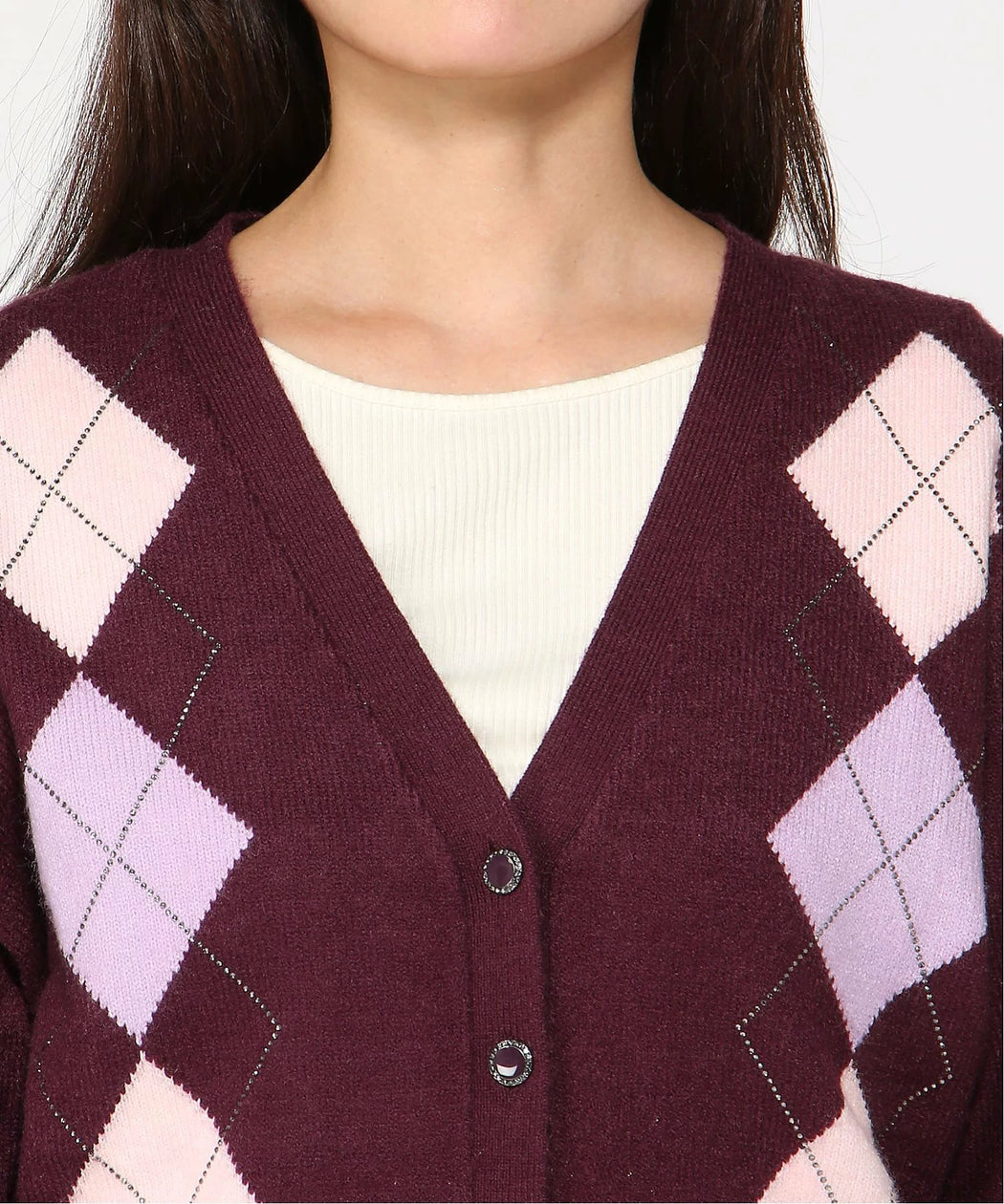 Guess Gracie Argyle Cardigan Burgundy. W6BR47Z1446