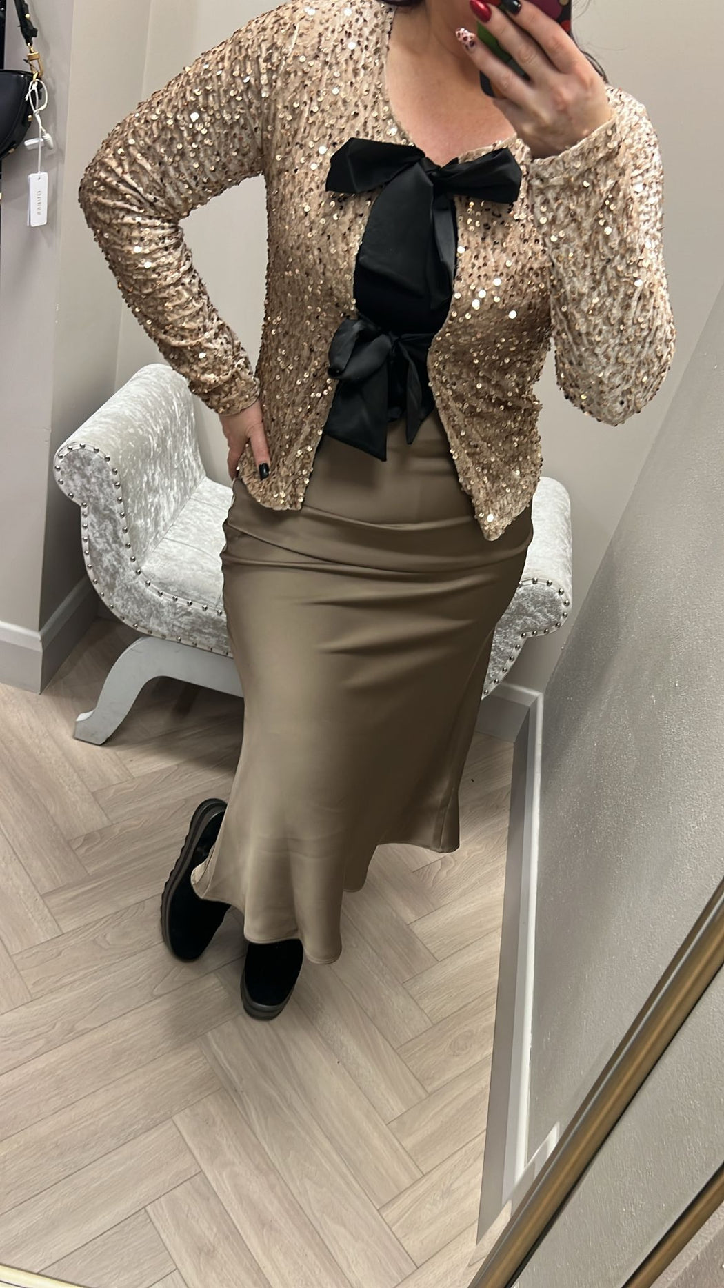 Zora taupe  satin midi skirt