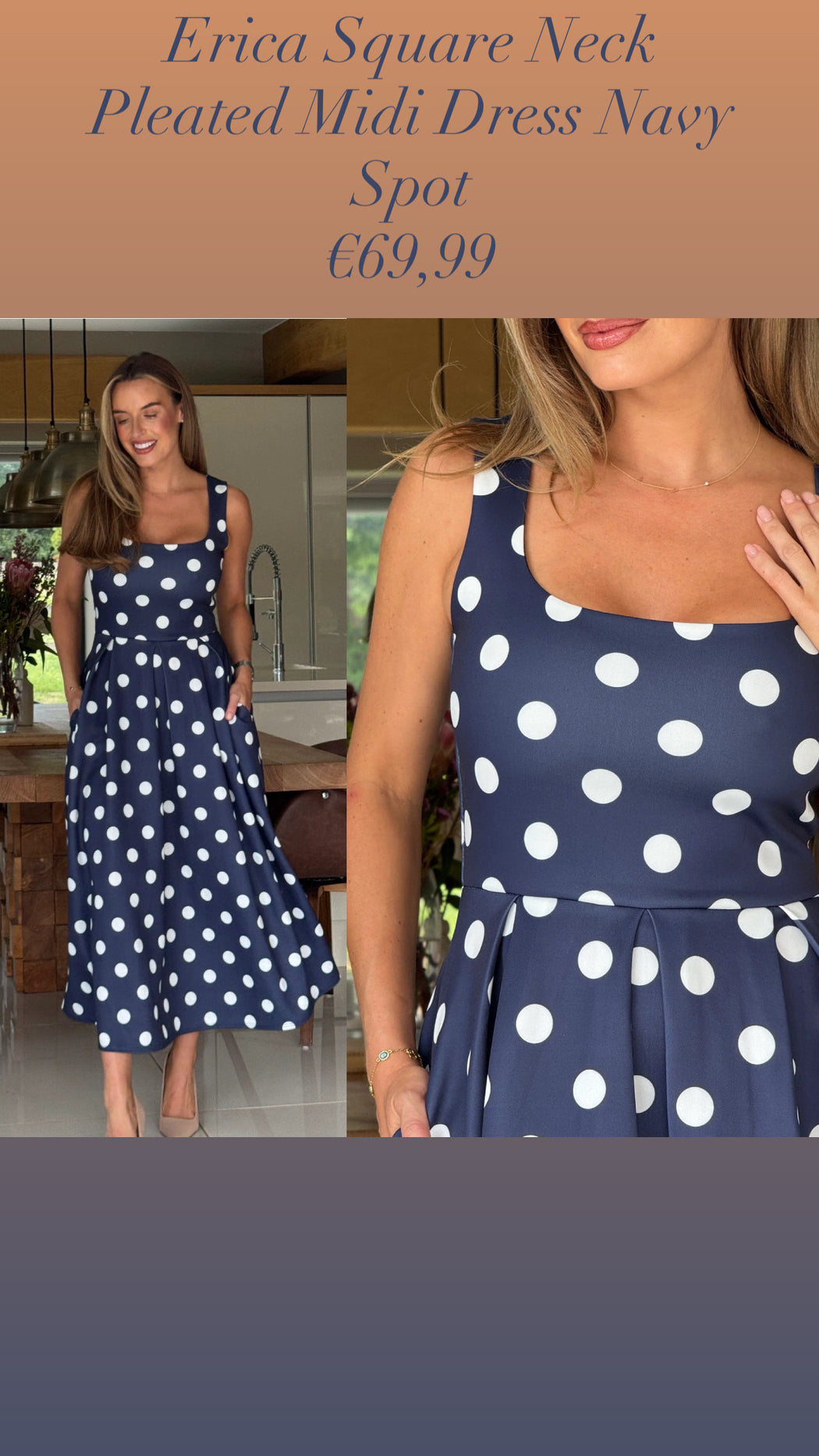 Erica Square Neck Pleated Midi Dress Navy Spot