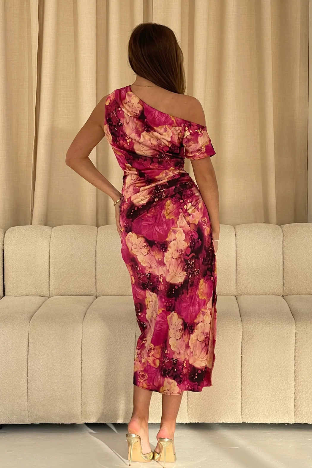 Donna asymmetric pink print midi dress