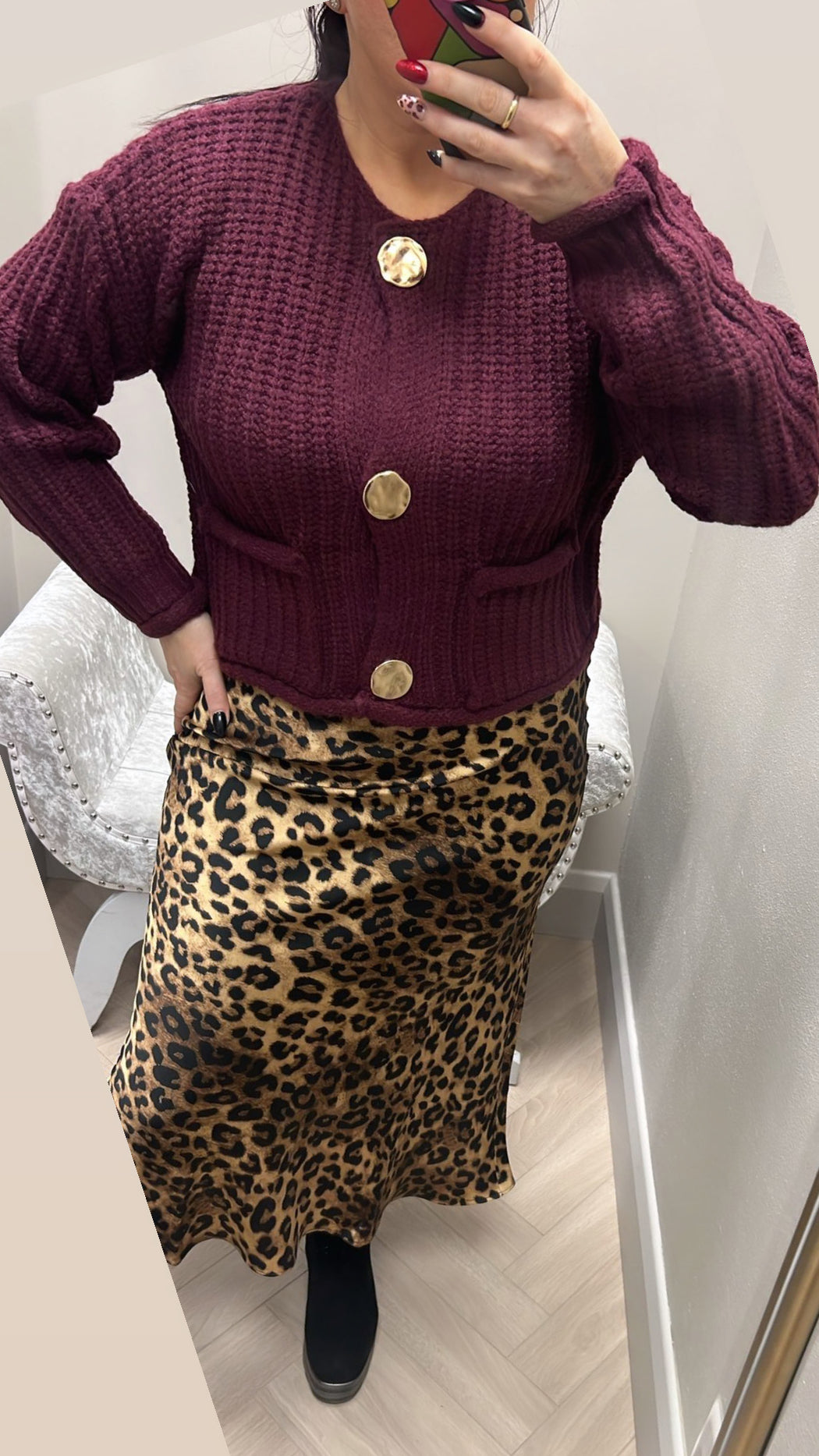 Zora leopard satin midi skirt