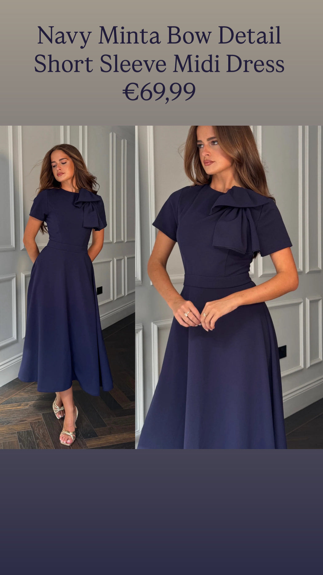 Navy Minta Bow Detail Short Sleeve Midi Dress