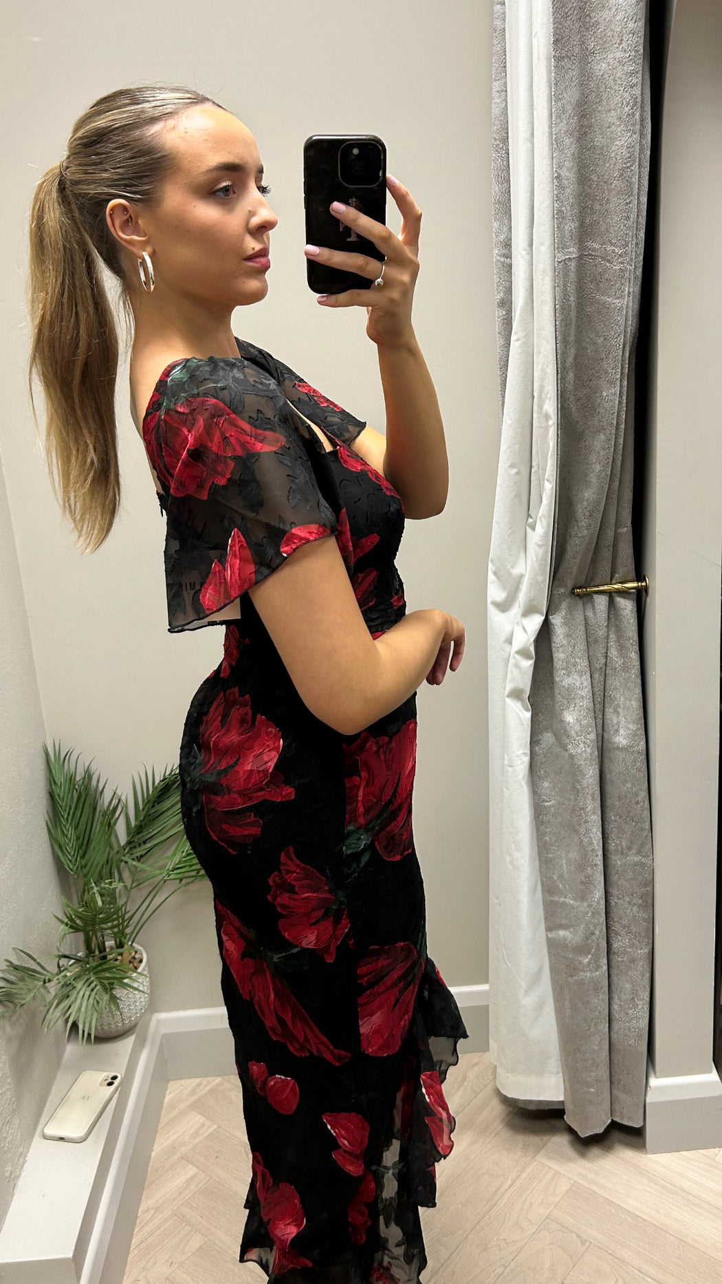 Heidi Black And Red Floral Ruched Midi Dress