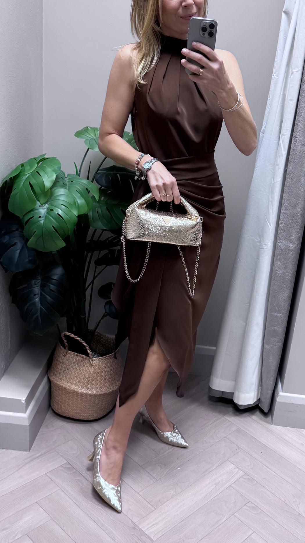 Priya Tie Waist Halter Neck Midi Dress Brown