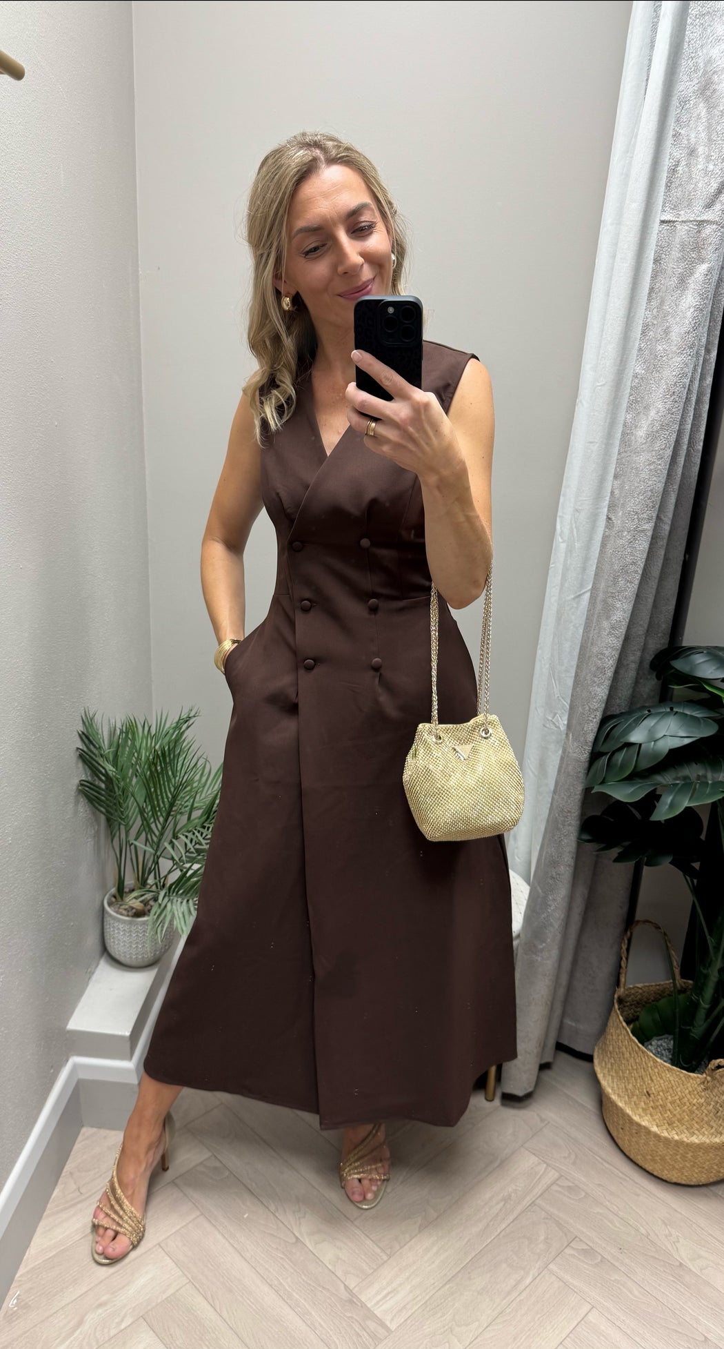 Hazel Tailored Sleeveless Midi Dress Brown