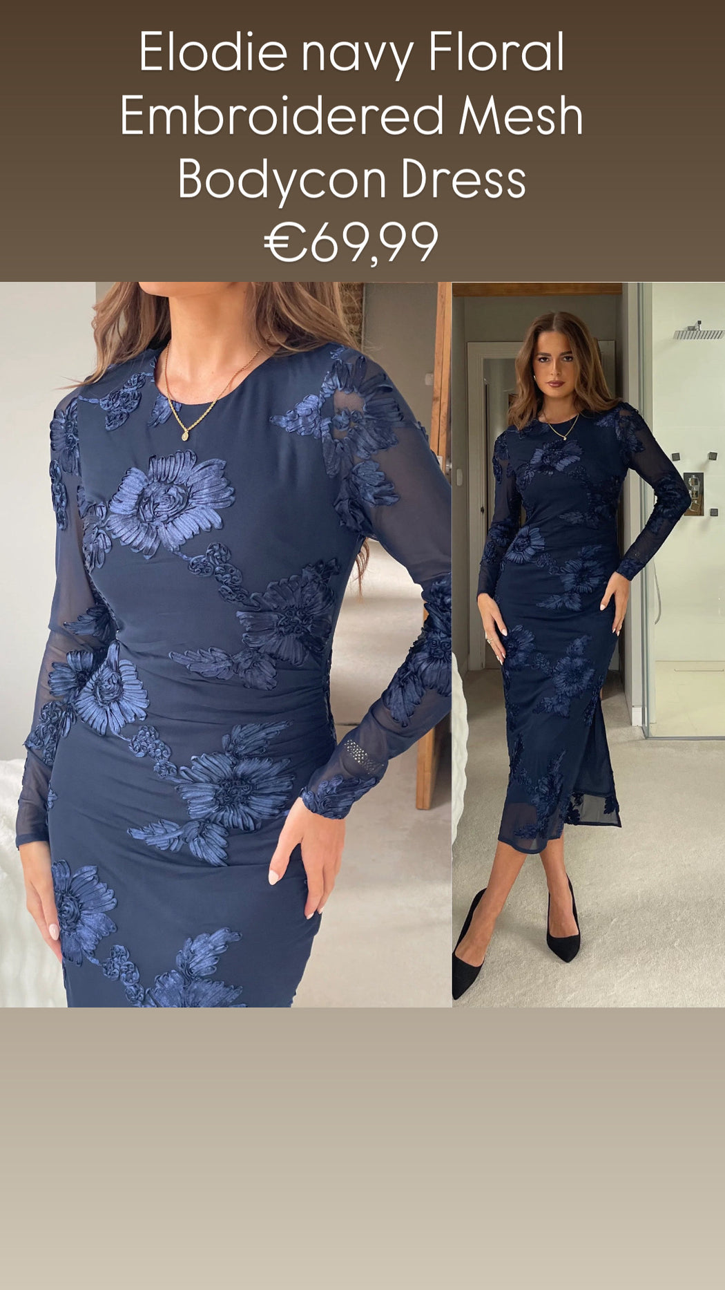 Elodie navy Floral Embroidered Mesh Bodycon Dress