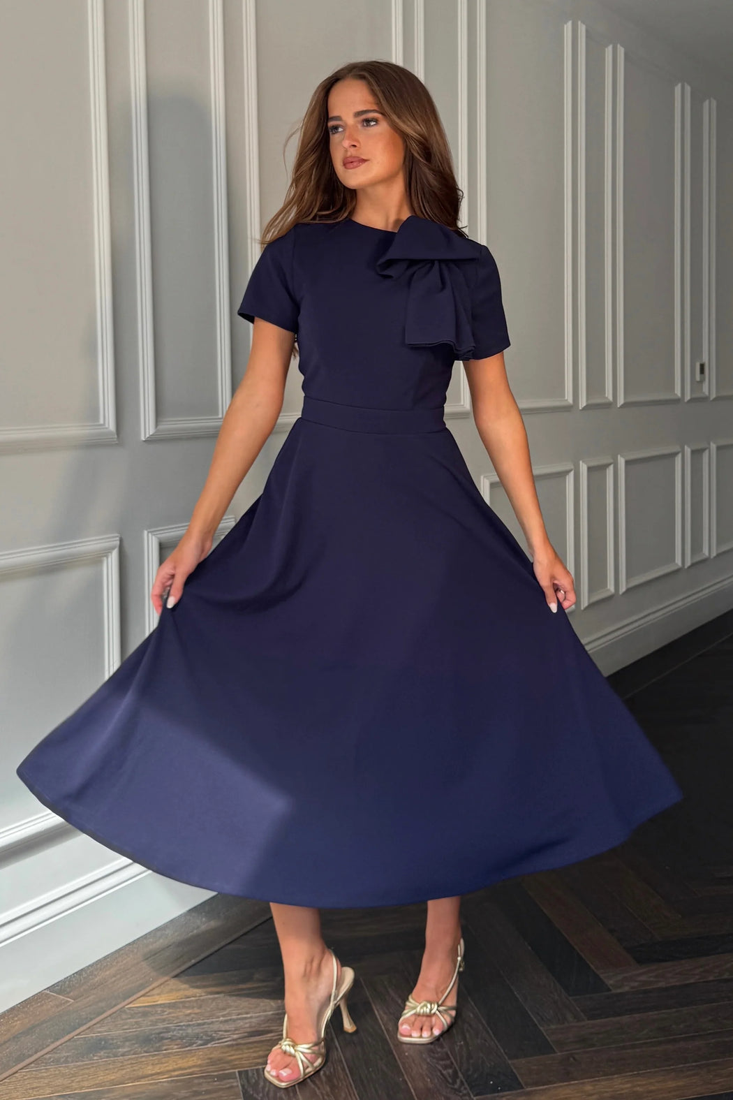 Navy Minta Bow Detail Short Sleeve Midi Dress