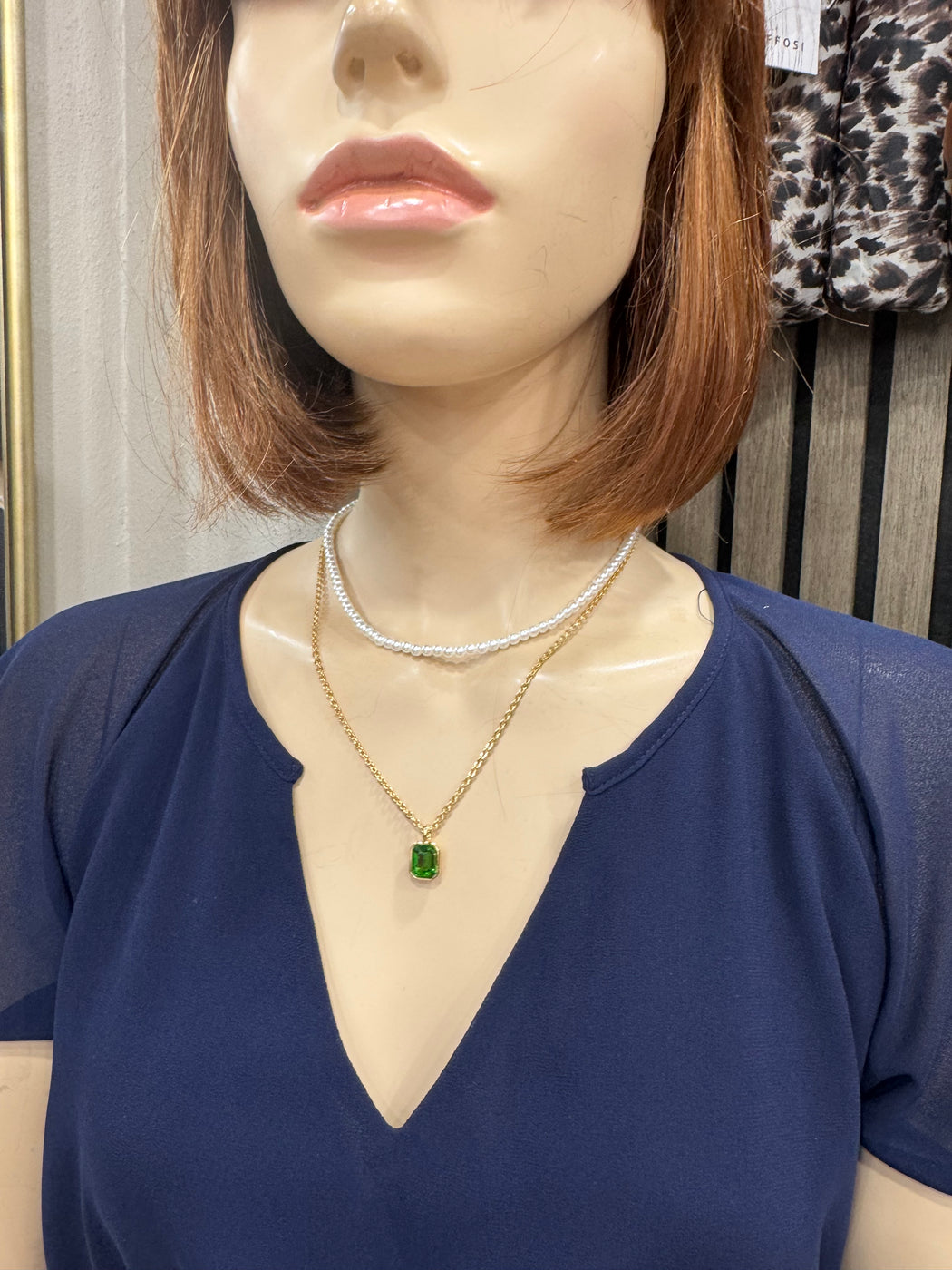R437ncb PEARL & EMERALD LAYERED NECKLACE