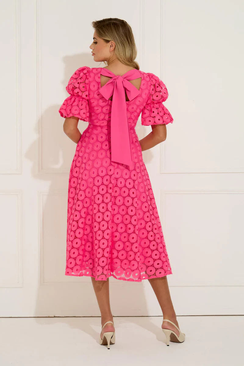 CALLIE PUFF SLEEVE FUSCHIA PINK LACE DRESS