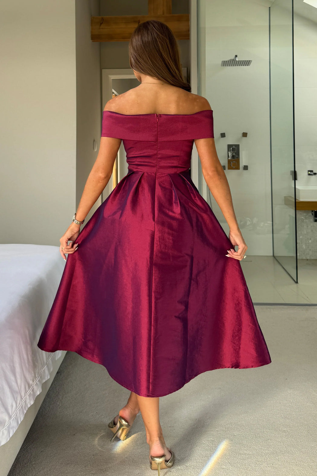 Daphne Off The Shoulder Skater Midi Dress Plum