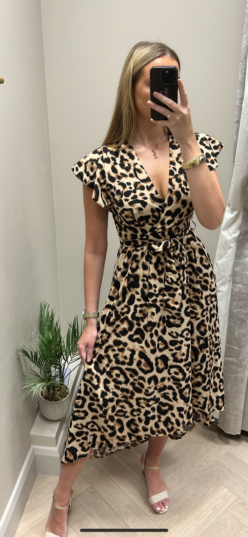 DA1998 Multi Leopard Print Short Sleeve Belted Wrap Midi Dress