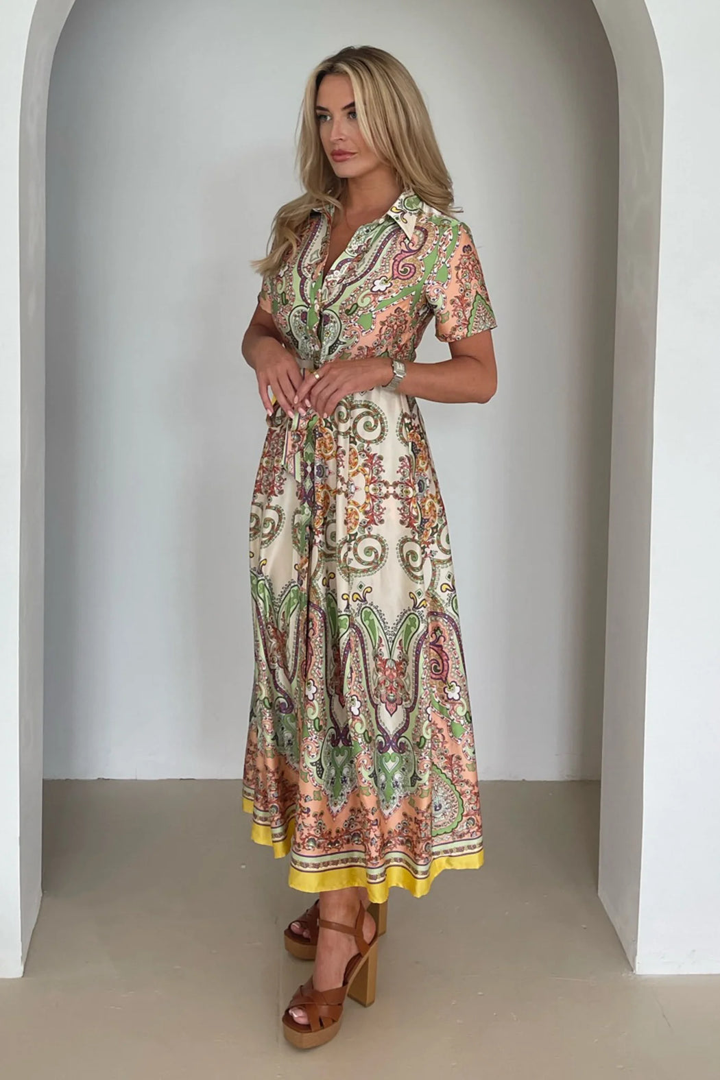 Aurora Maxi Green Border Print Shirt Dress