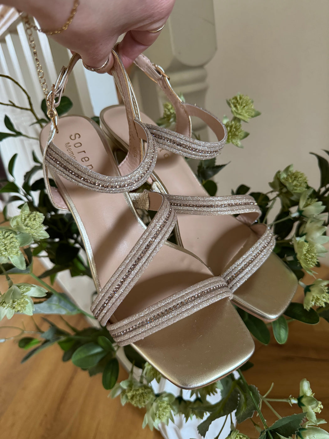 Brooklyns Gold block heel Bling Sandals