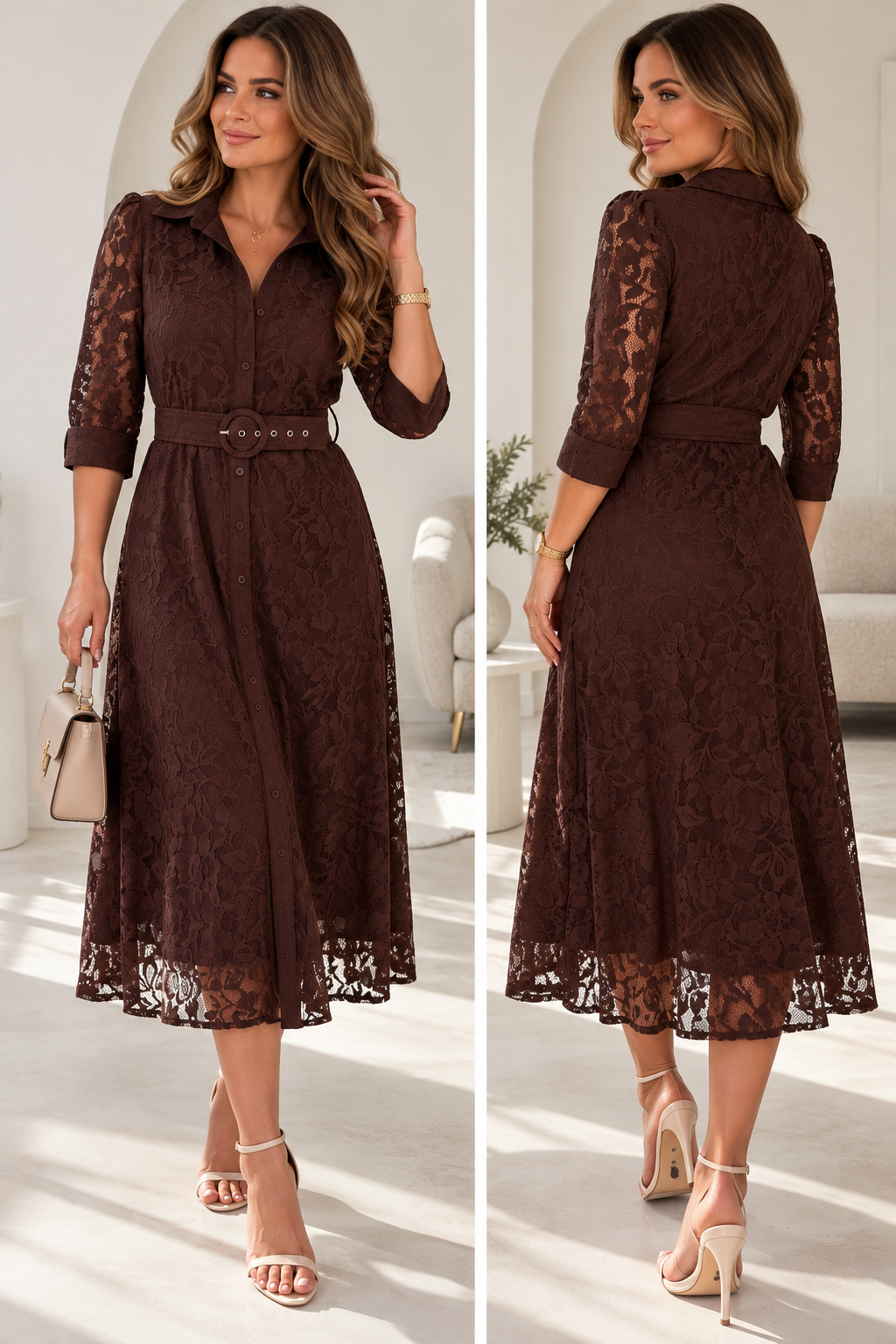 Tansy 3/4 Sleeve Lace Shirt Dress Brown