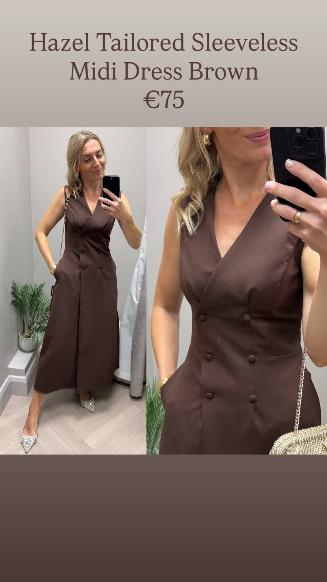 Hazel Tailored Sleeveless Midi Dress Brown