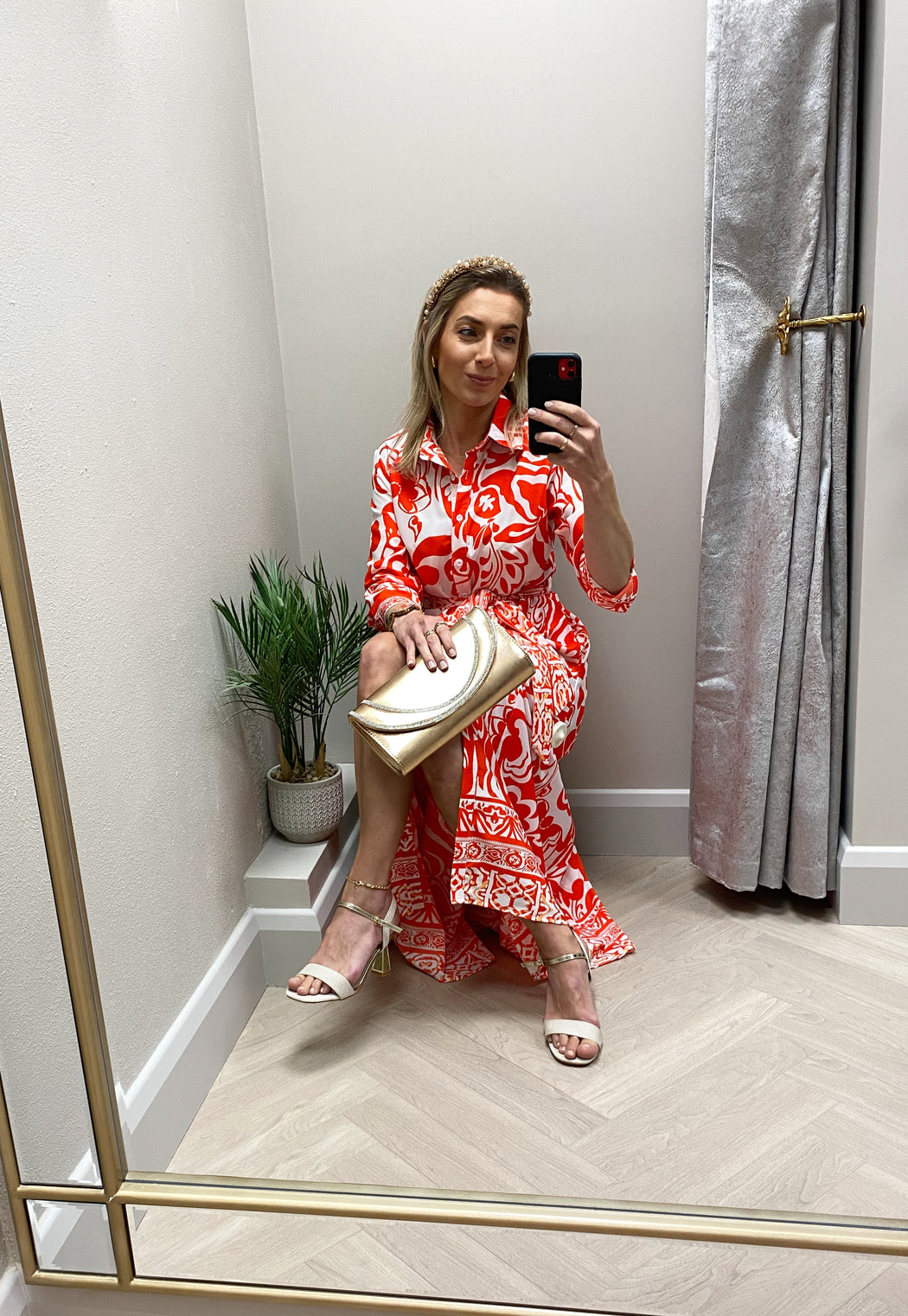 Angela Red Print Shirt Maxi Dress