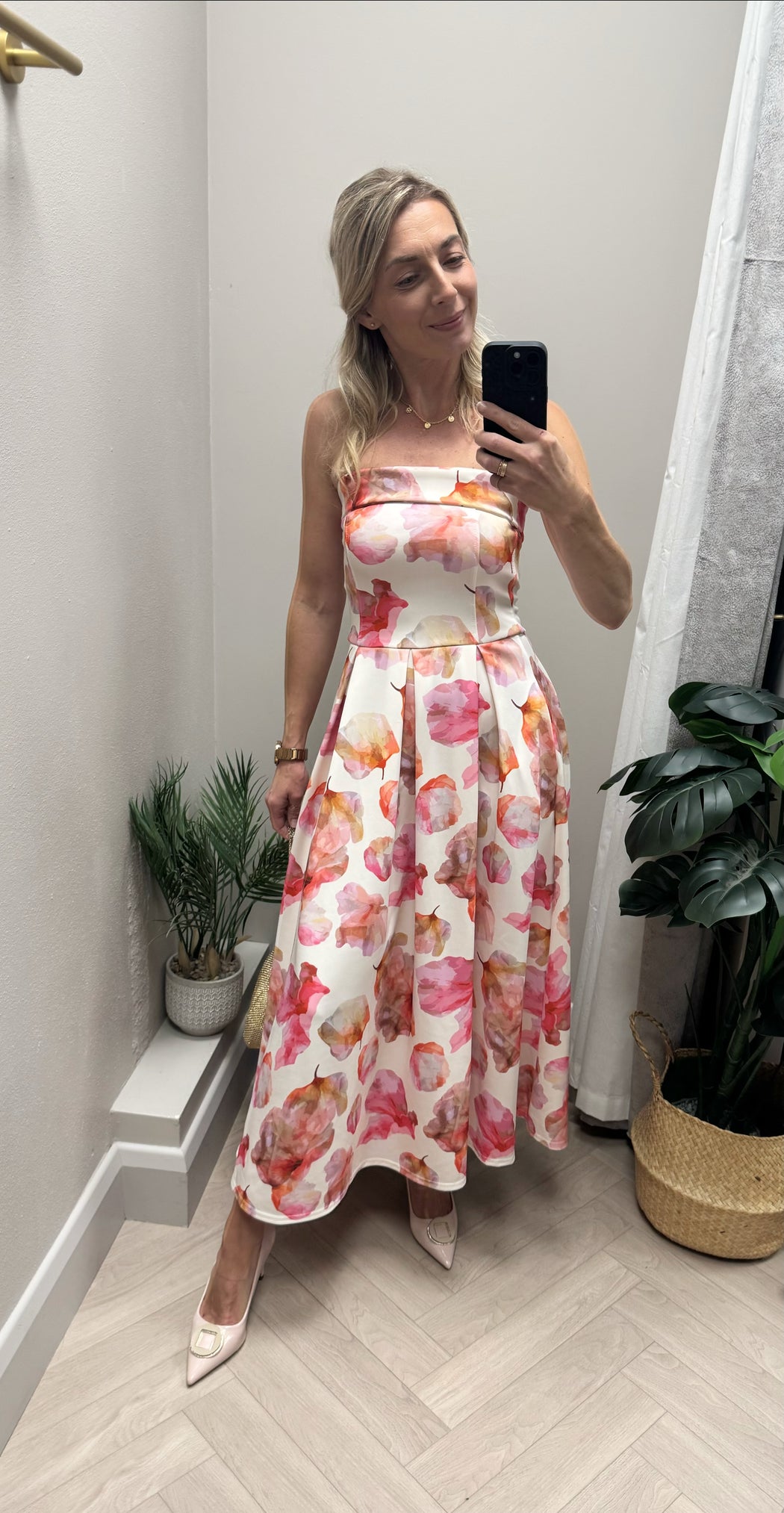 Danni Strapless Bandeau Midi Dress Pink Floral