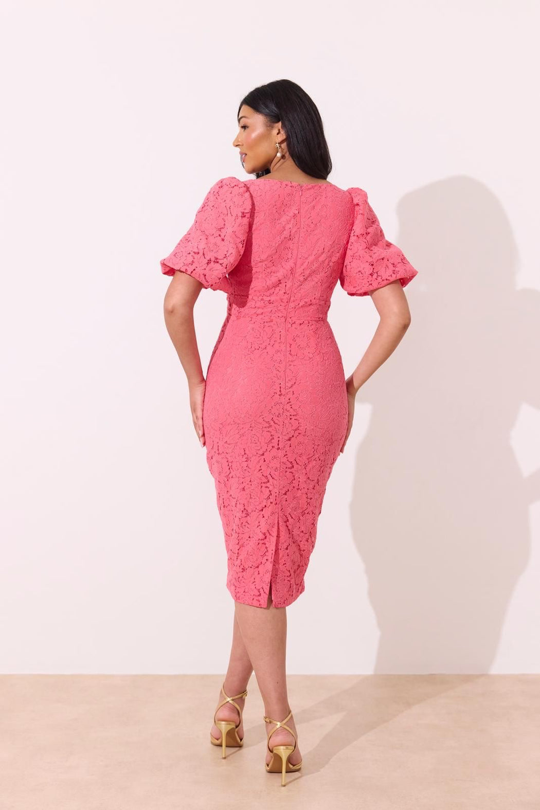 Frances pink lace puff sleeve midi dress