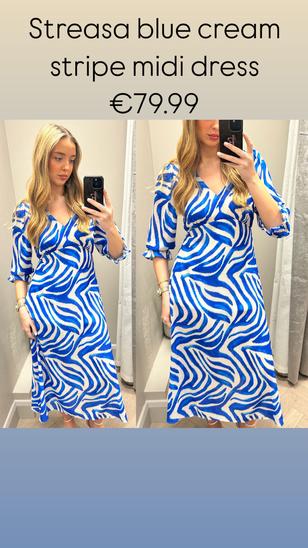 Streasa blue cream stripe midi dress