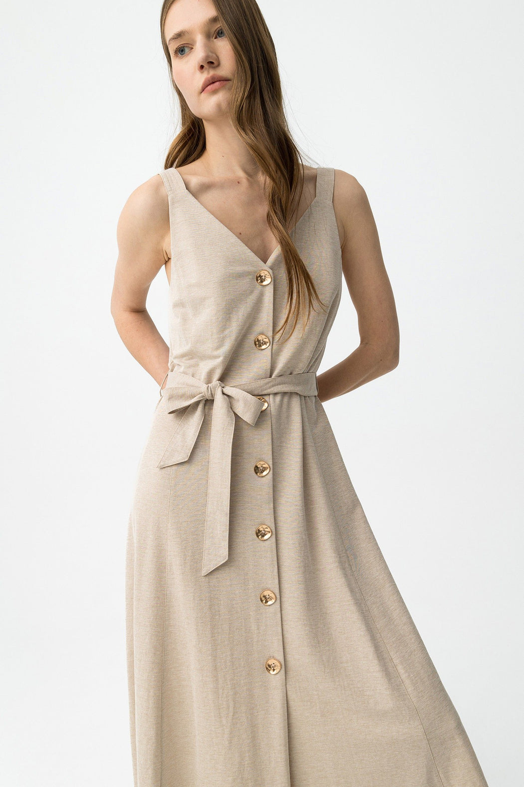 Shara beige gold button detail dress