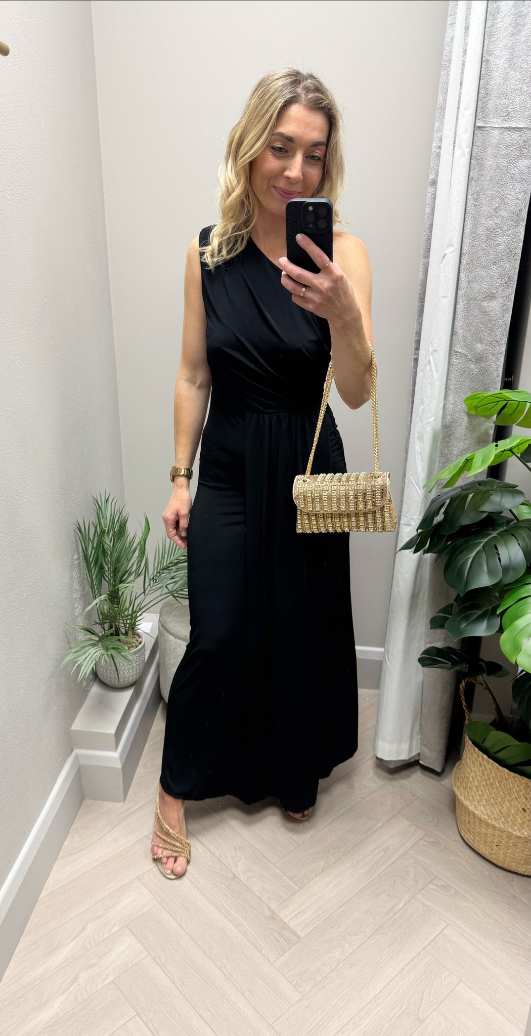 Emma black one shoulder midi dress