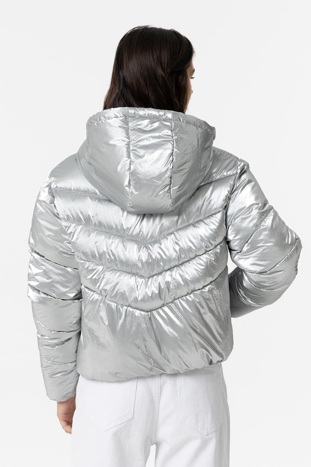 Plata metallic hooded puffer