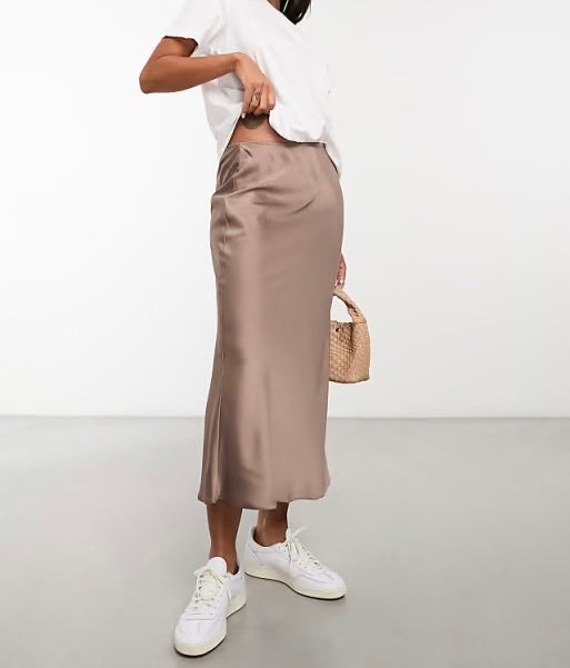 Zora taupe  satin midi skirt