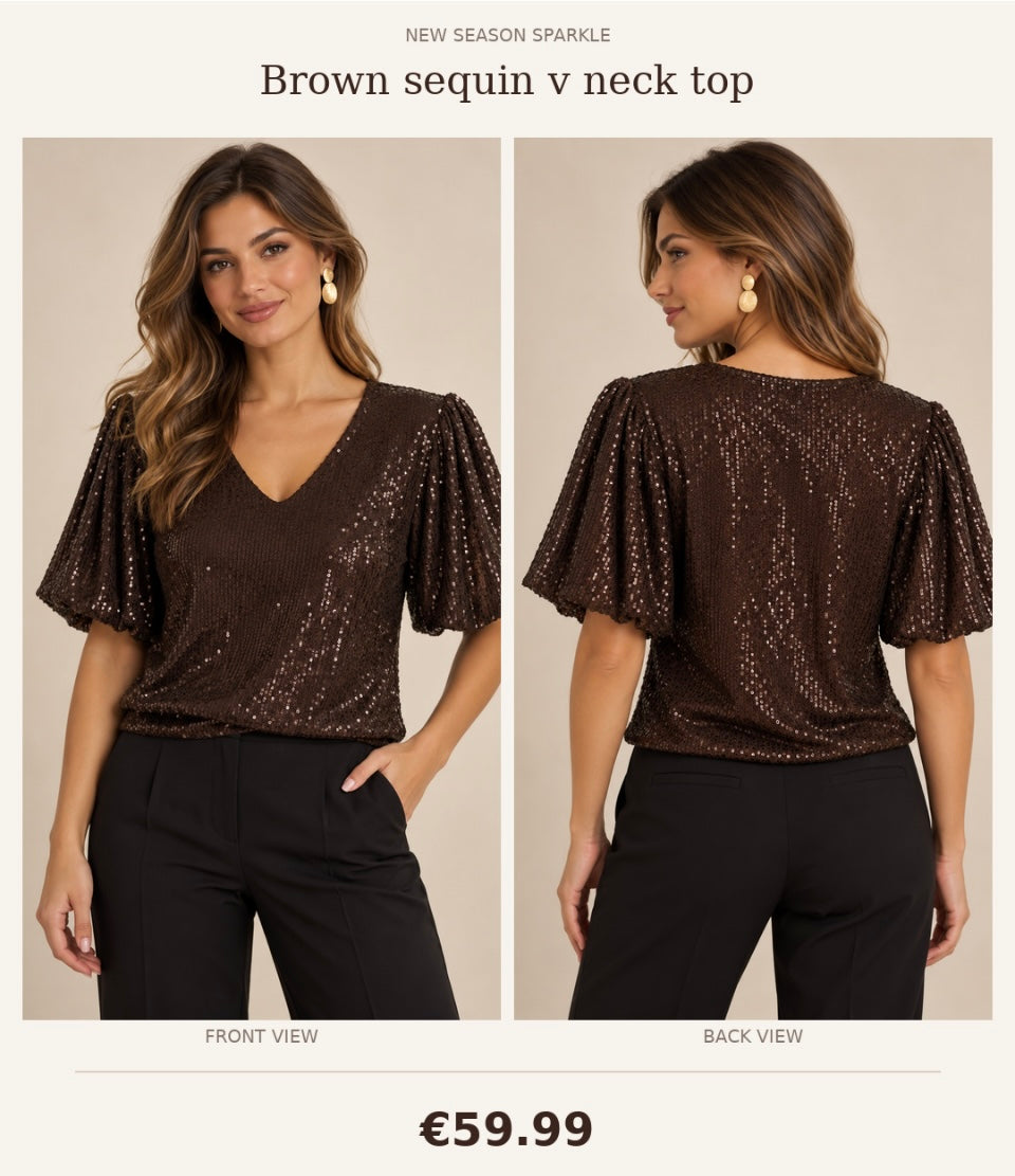 Brown sequin v neck top