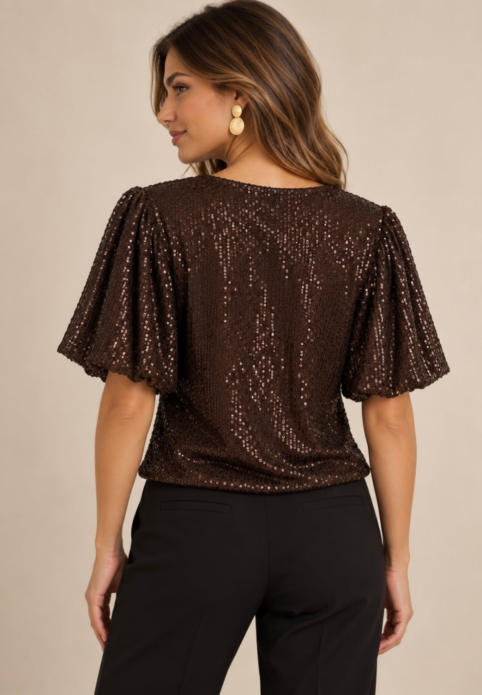 Brown sequin v neck top